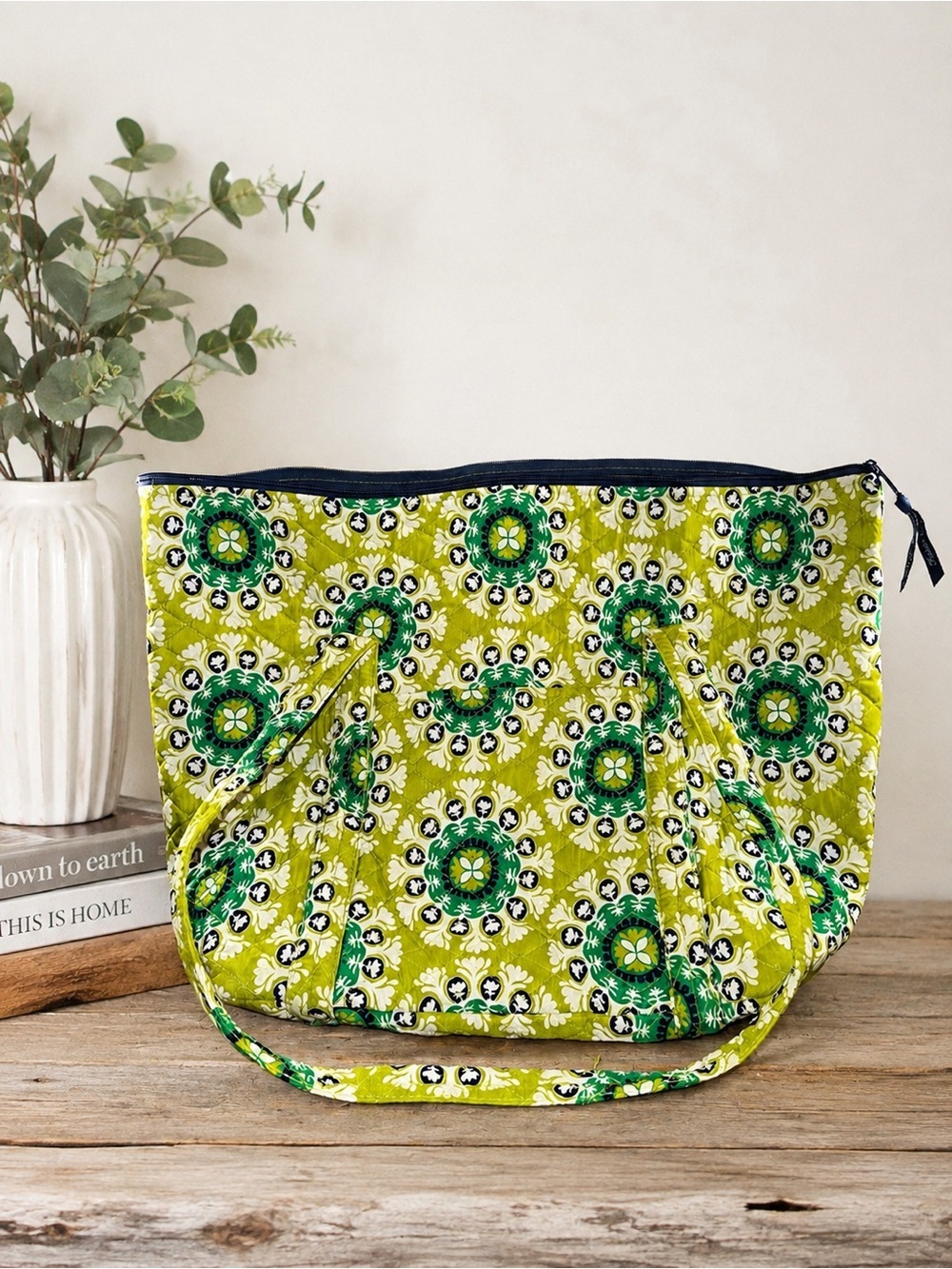 Green Patterned Women’s Tote Bag - Quilted Fabric Shoulder Bag